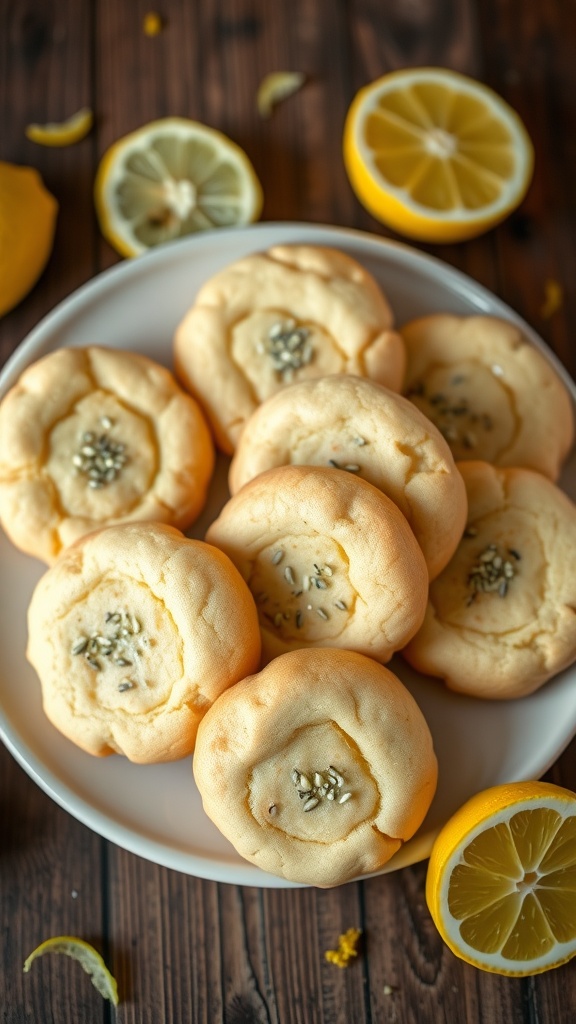 A plate of lemon poppy seed cookies with poppy seeds sprinkled on top and lemon slices on the side, set on a wooden table.